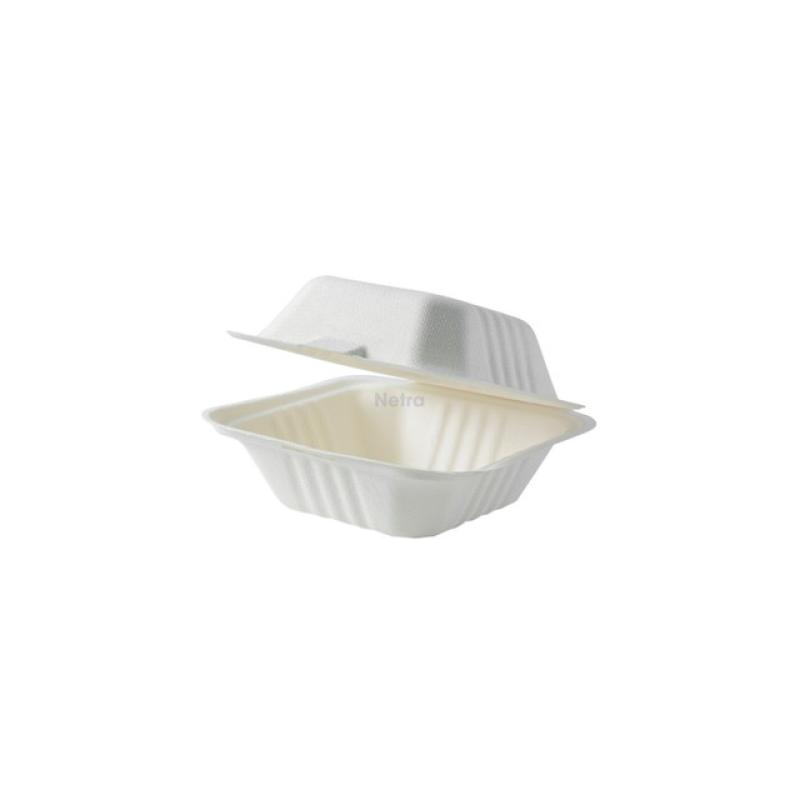 Clamshell (Sugarcane) 6“ Burger Box WHITE - Large - 150x150x78mm - [0220520] - BIOSERV - 400/CTN